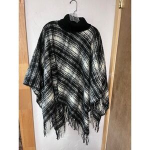 Lauren Ralph Lauren Plaid Fringe Turtleneck Poncho Sweater
